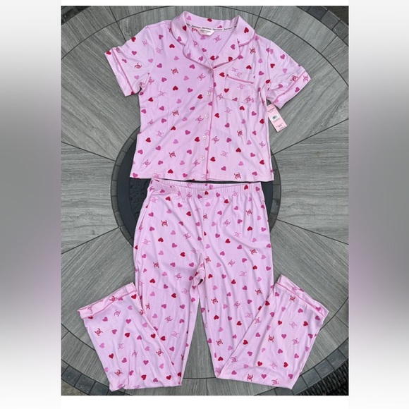 Juicy Couture Heart Logo Pajama Set Sleepwear Shirt/Pants JC Toss Pink  New - Picture 6 of 9